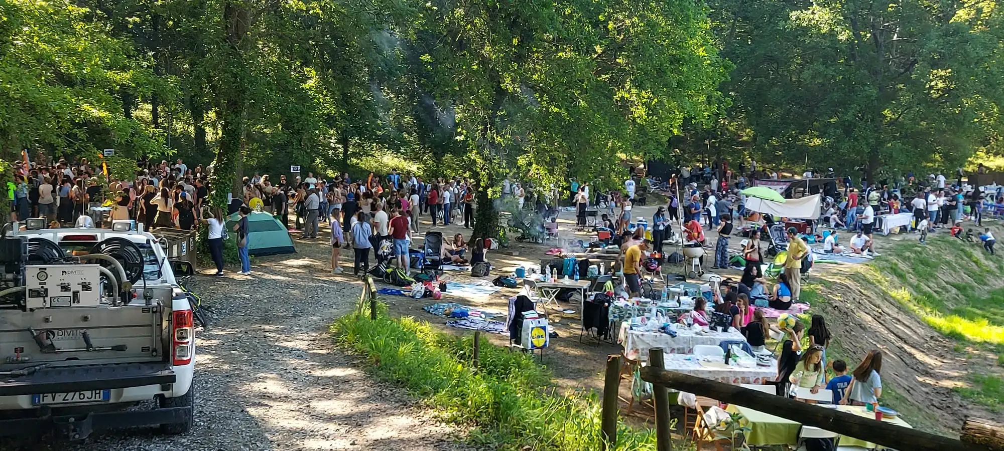 Tanta gente lungo una strada nel bosco, con i banchi ai lati